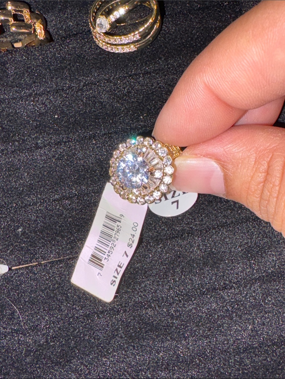 Gold Tone Crystal Halo Statement Ring - Size 7